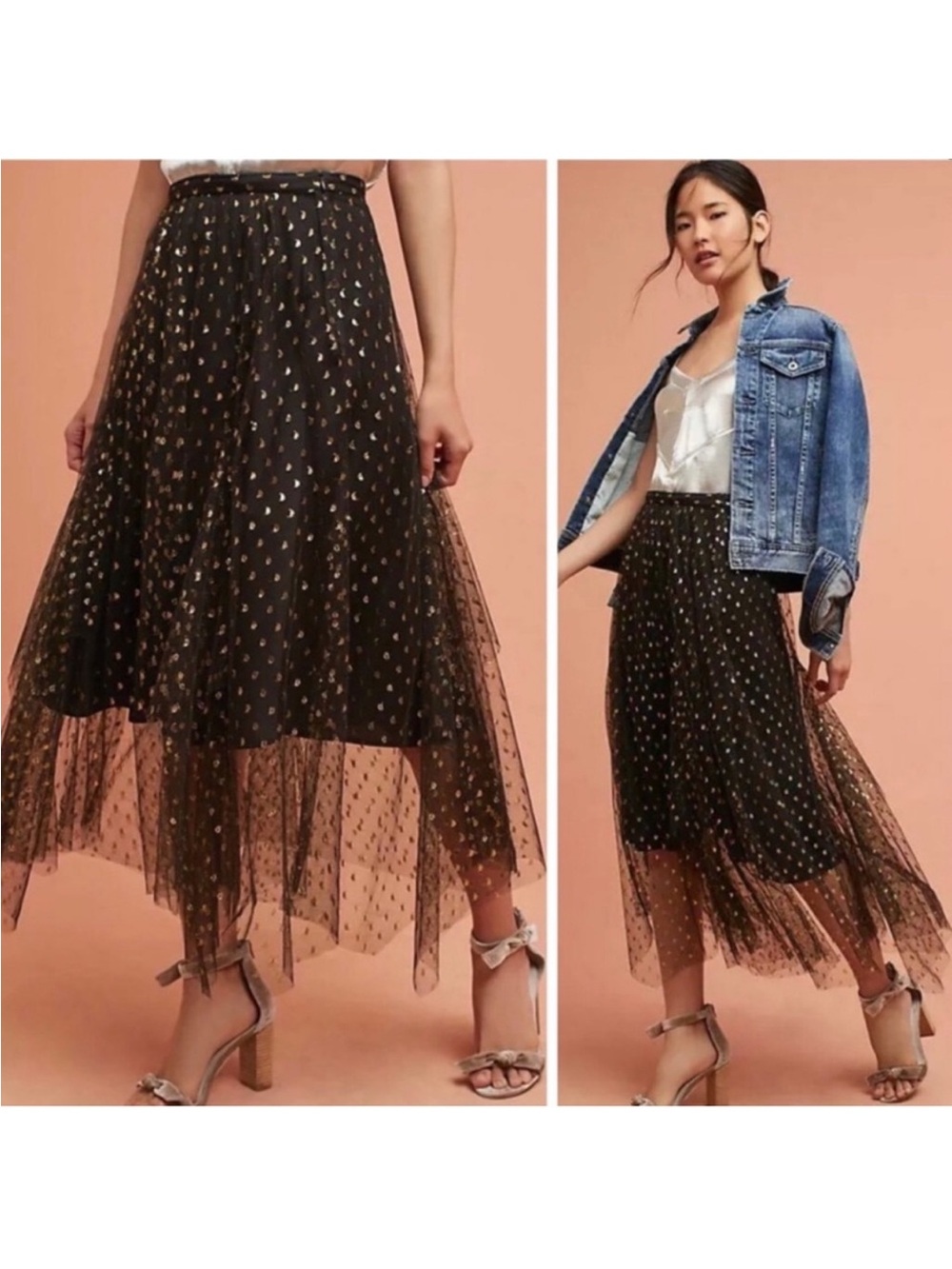 Eva Franco Anthropologie Zelda Metallic Dot Black Gold Tulle Midi Skirt XS NWOT